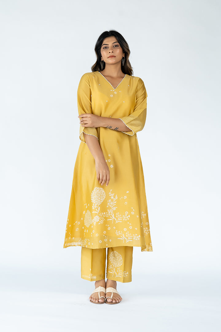 Chanderi Hand Block Printed Parallel - Mustard Yellow