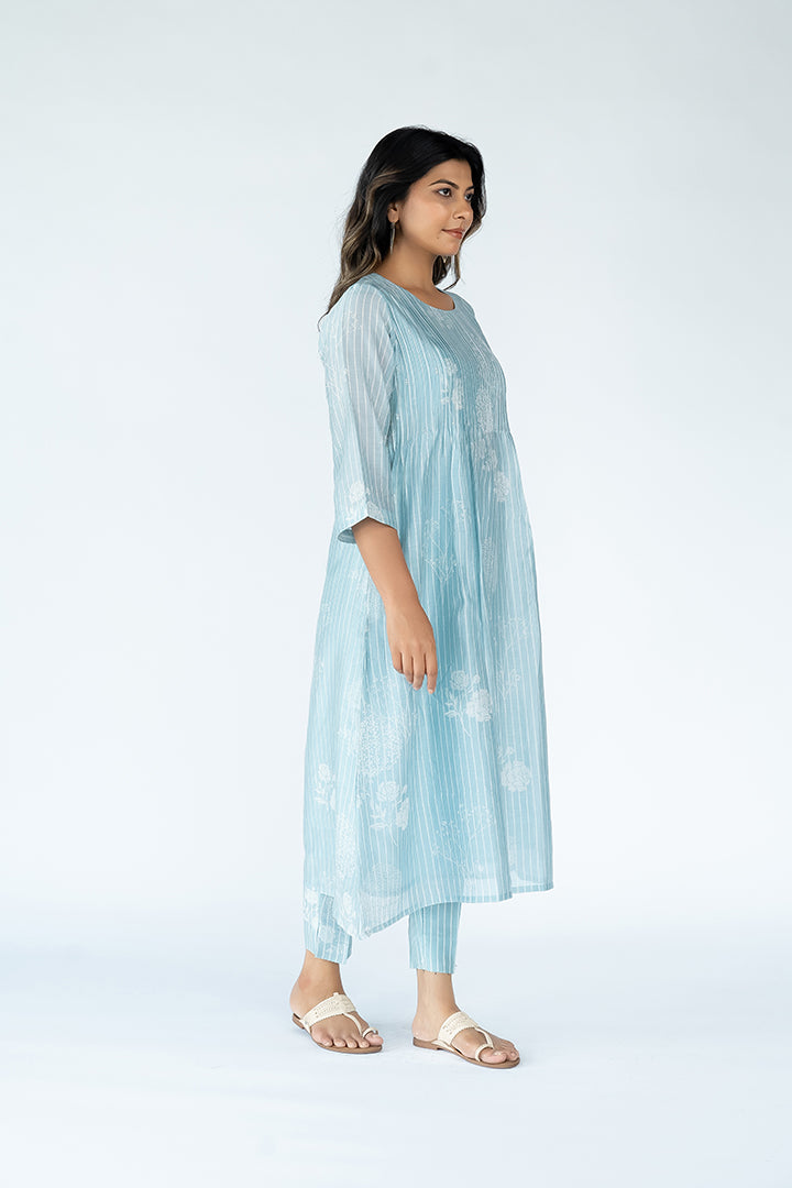 Chanderi Hand Block Printed Narrow Pant - Sky Blue