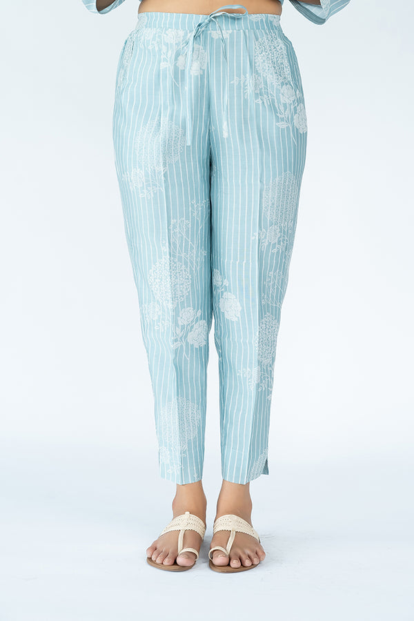 Chanderi Hand Block Printed Narrow Pant - Sky Blue