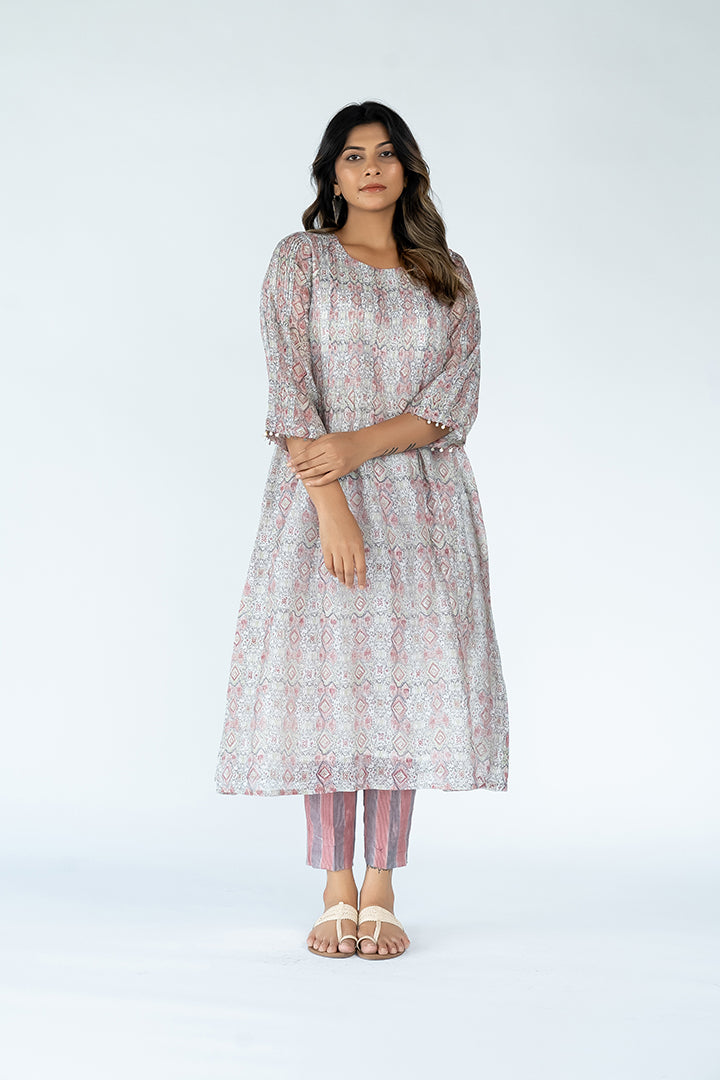 Chanderi Hand Block Printed Kurta  - Off White