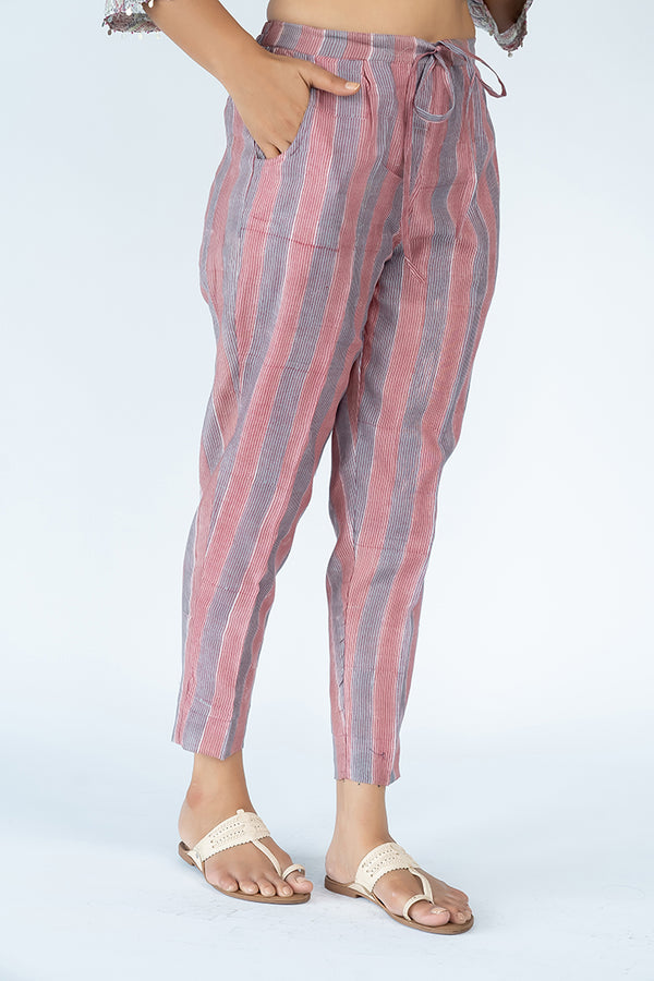 Chanderi Hand Block Printed Narrow Pant - Pink