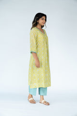 Chanderi Hand Block Printed Kurta - Lemon Yellow