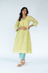 Chanderi Hand Block Printed Kurta - Lemon Yellow