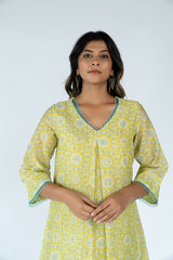 Chanderi Hand Block Printed Kurta - Lemon Yellow