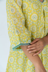 Chanderi Hand Block Printed Kurta - Lemon Yellow