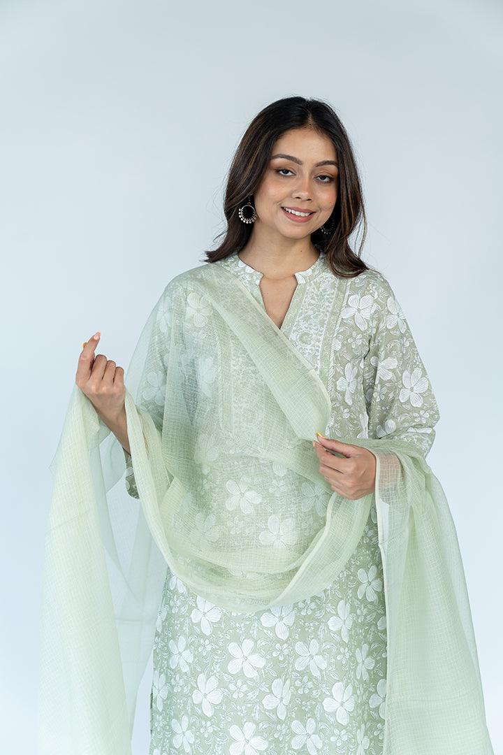 Cotton Kota Doria Dupatta - Pista Green