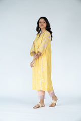 Chanderi Hand Block Printed Kurta With Sequins Hand Work - Yellow