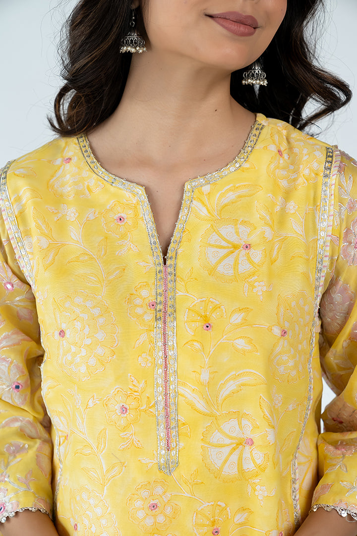 Chanderi Hand Block Printed Kurta With Sequins Hand Work - Yellow
