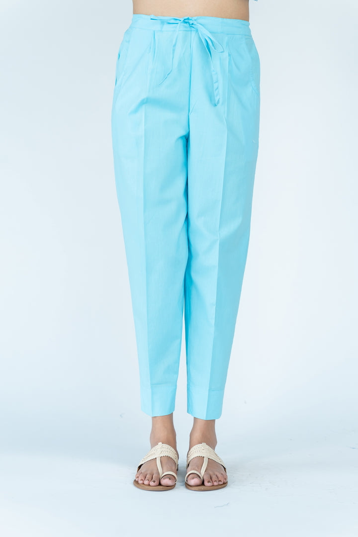 Cotton Straight Pant With Drawstring - Sky Blue