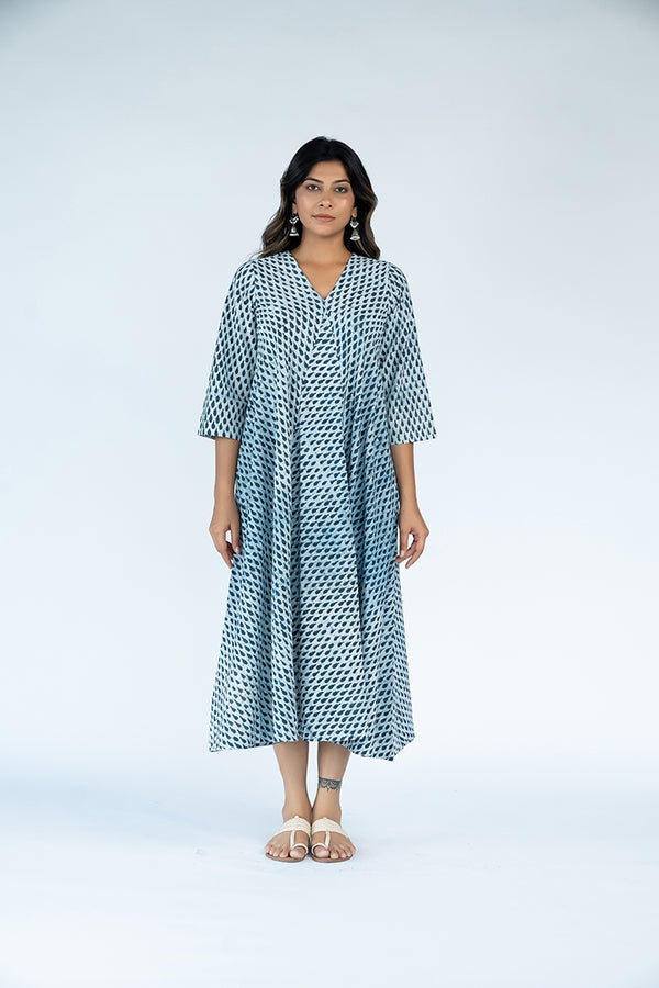 Cotton Hand Block Printed Dress - Slate Blue