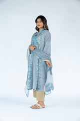 Kota Doria Hand Block Printed Dupatta - Slate Blue