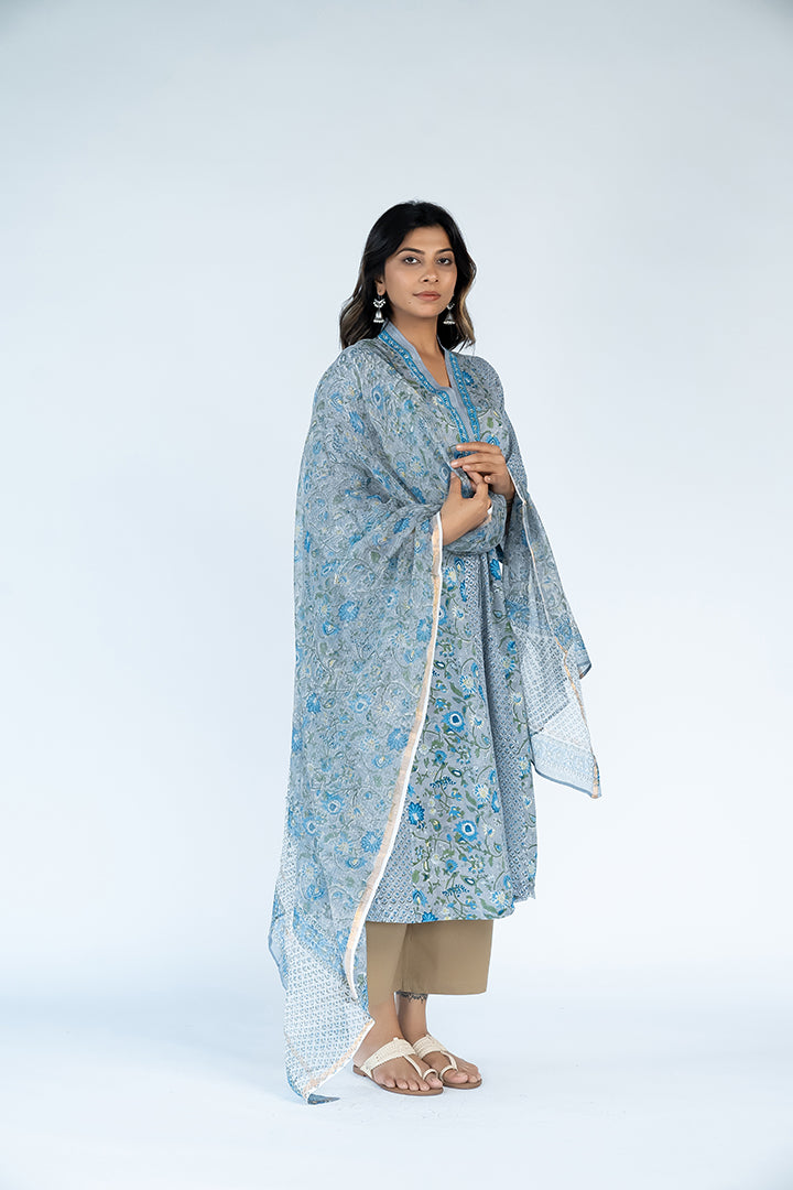 Kota Doria Hand Block Printed Dupatta - Slate Blue