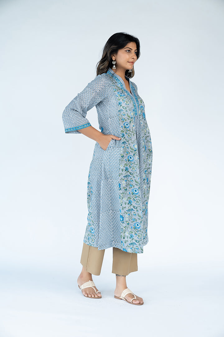 Cotton Hand Block Printed Kurta - Slate Blue