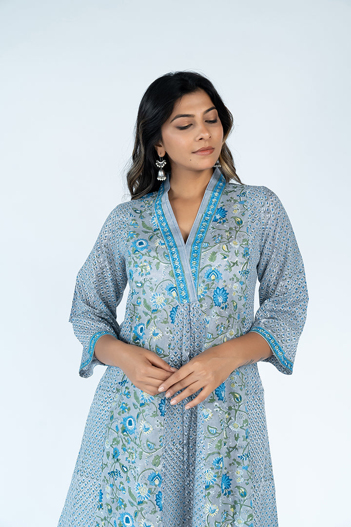 Cotton Hand Block Printed Kurta - Slate Blue