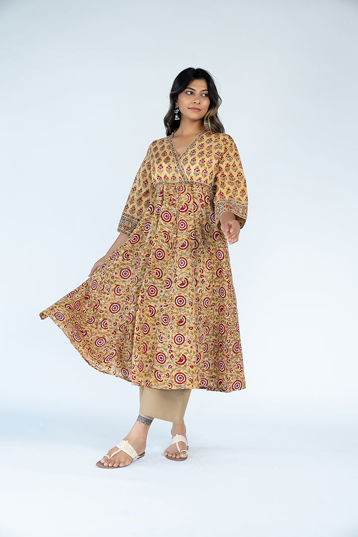 Cotton Hand Block Printed Dress - Mustard Yellow