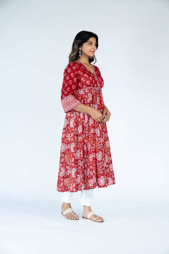 Cotton Hand Block Printed Dress - Red