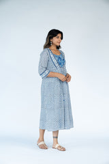 Cotton Hand Block Printed Dress With A Line Shrug - White and Blue