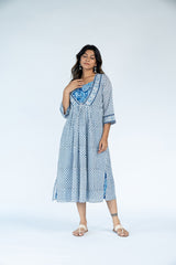 Cotton Hand Block Printed Dress With A Line Shrug - White and Blue