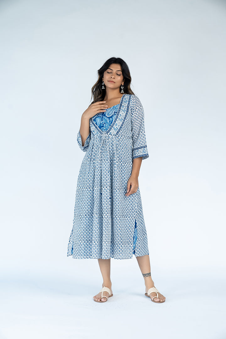 Cotton Hand Block Printed Dress With A Line Shrug - White and Blue