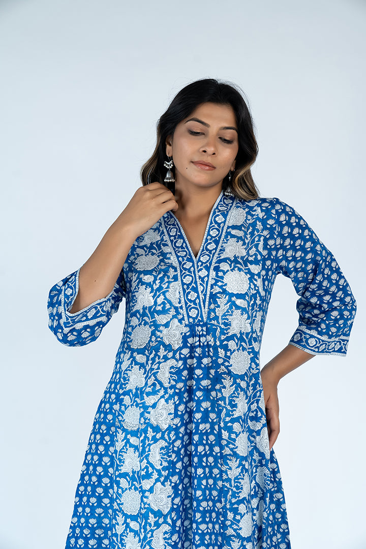 Cotton Hand Block Printed Kurta - Blue