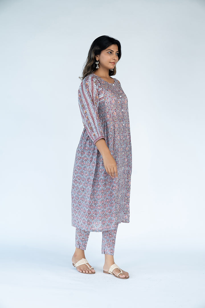 Cotton Hand Block Printed kurta- Grey