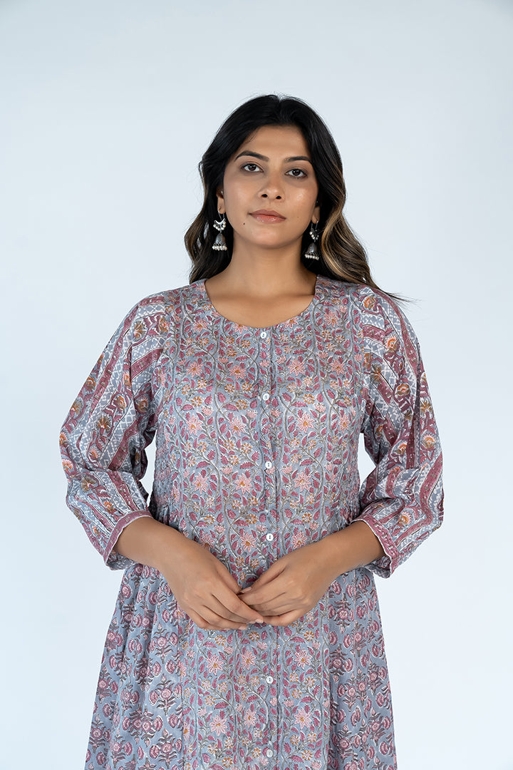 Cotton Hand Block Printed kurta- Grey