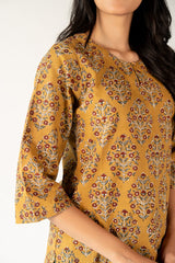 Cotton Hand Block Bagru Printed Kurta - Yellow
