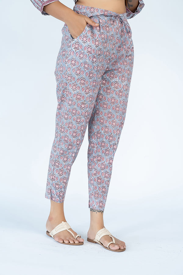 Cotton Hand Block Printed Straight Pant - Grey