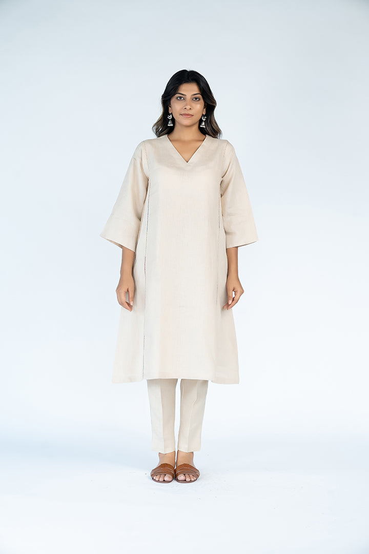 Linen Hand Embroidered Kurta - Beige