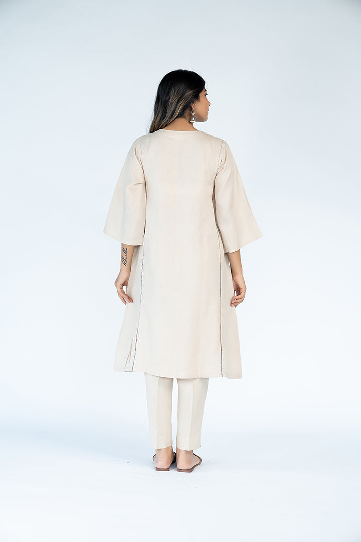 Linen Hand Embroidered Kurta - Beige