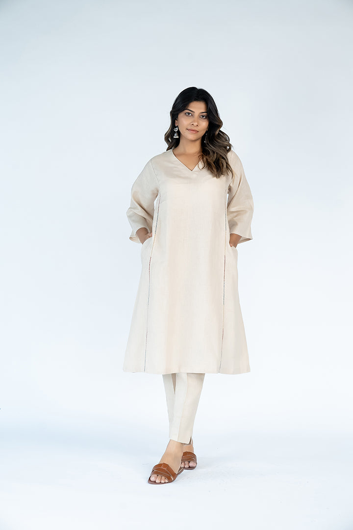 Linen Hand Embroidered Kurta - Beige