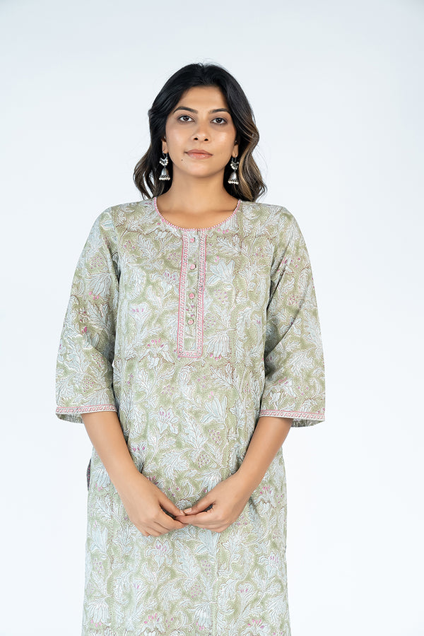 Cotton Hand Block Printed kurta - Pista Green