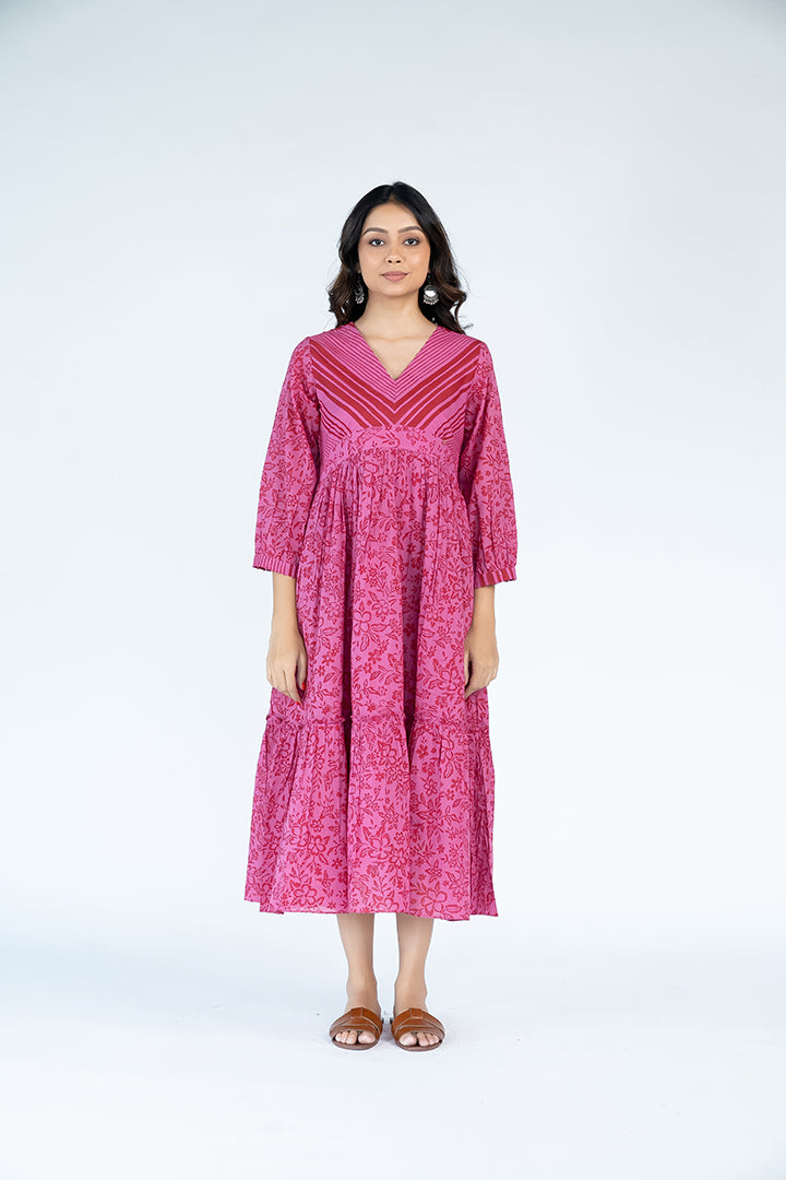 Cotton Hand Block Printed Dress - Rani Pink