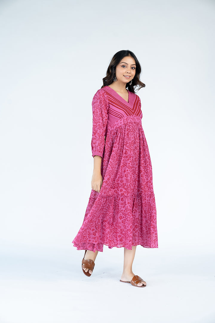 Cotton Hand Block Printed Dress - Rani Pink