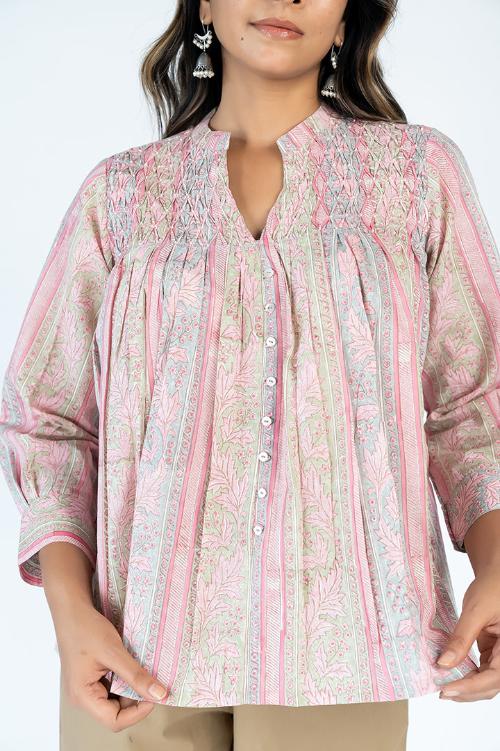 Cotton Hand Block Printed Top- Pink