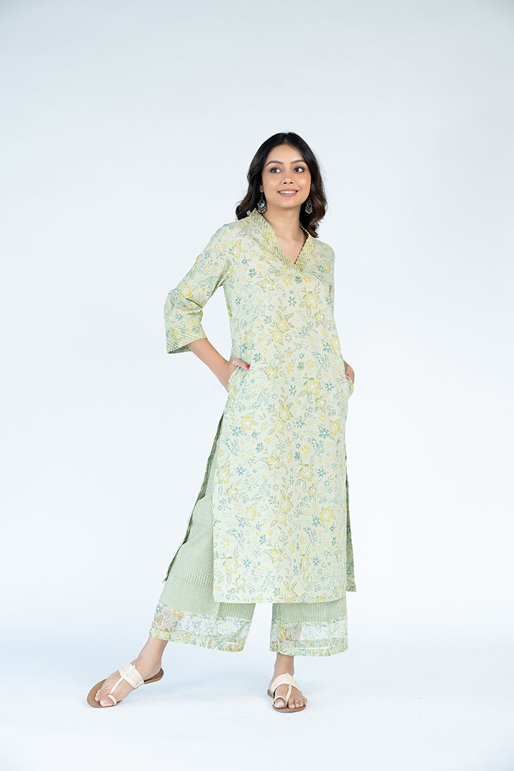 Cotton Hand Block Printed Kurta - Turquoise Green