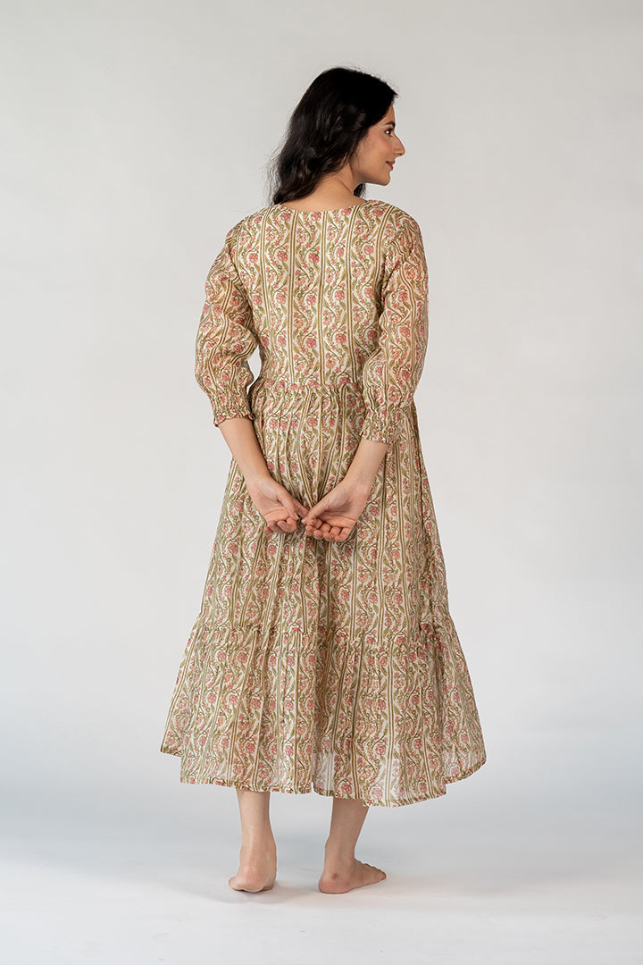 Chanderi Hand Block Printed Dress - White