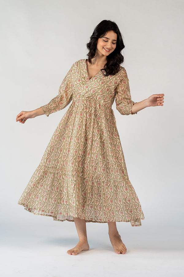 Chanderi Hand Block Printed Dress - White