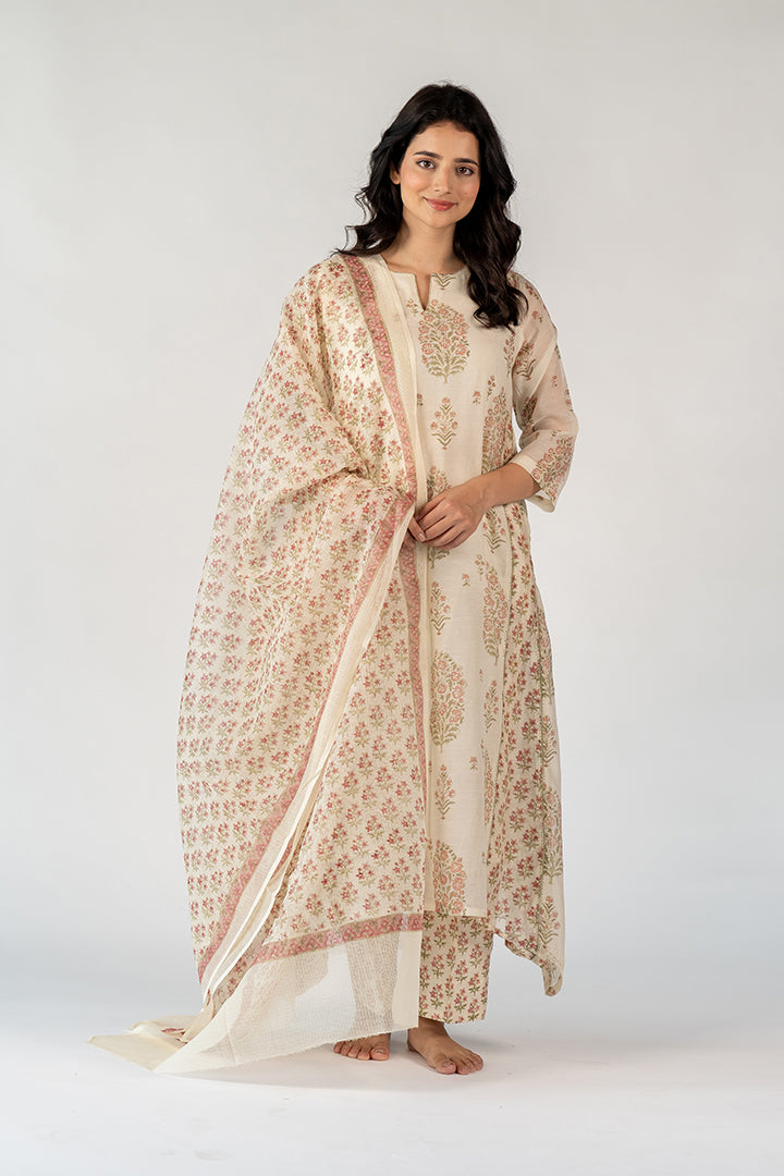 Cotton Kota Doria Hand Block Printed Dupatta - White