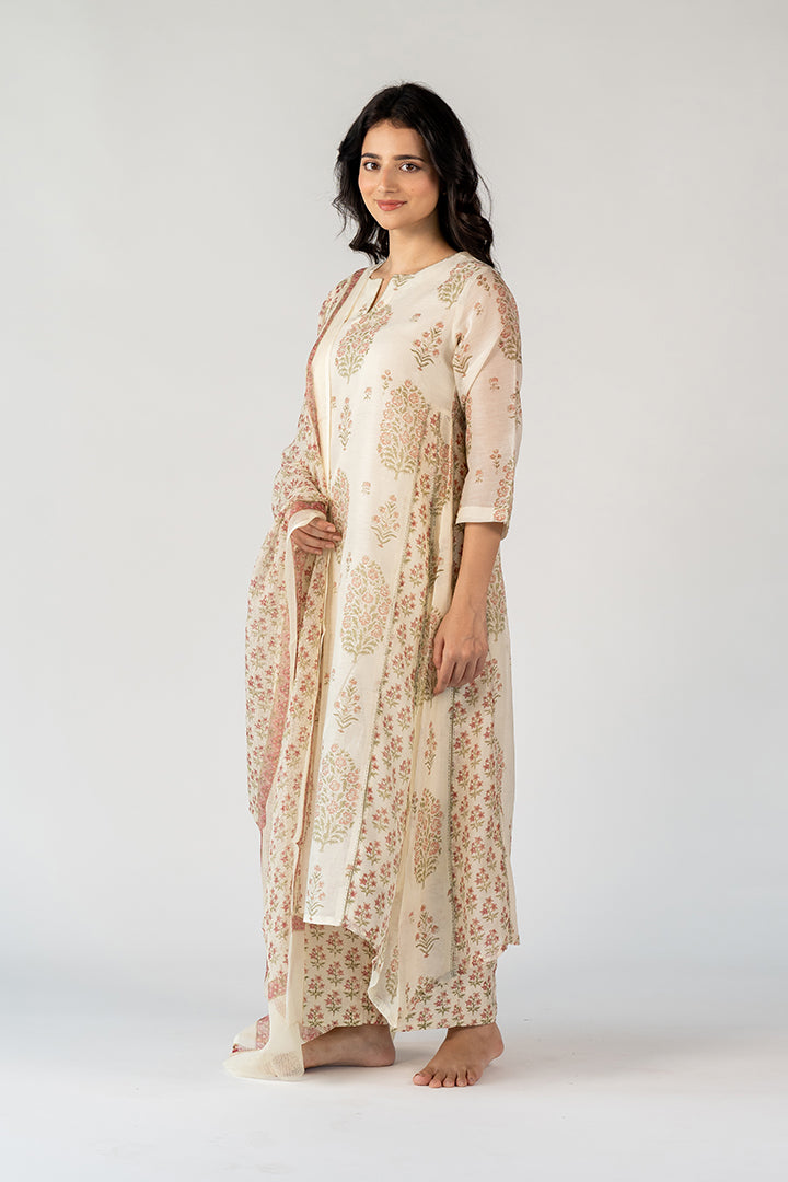 Chanderi Hand Block Printed Kurta- White