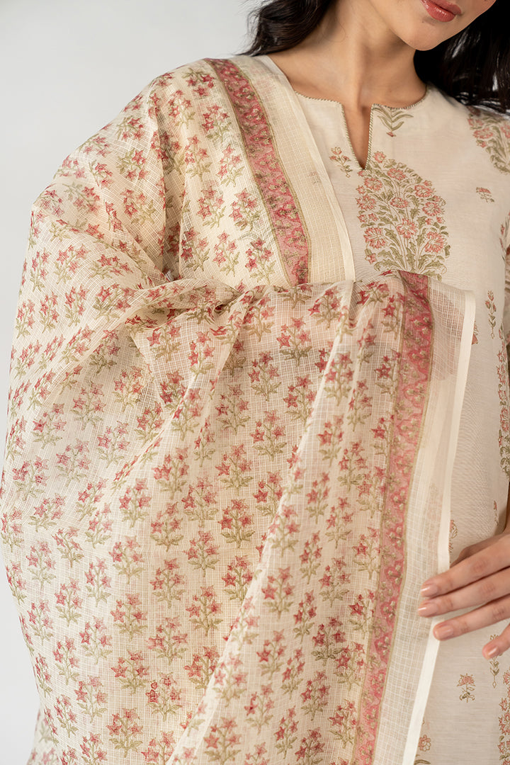 Cotton Kota Doria Hand Block Printed Dupatta - White