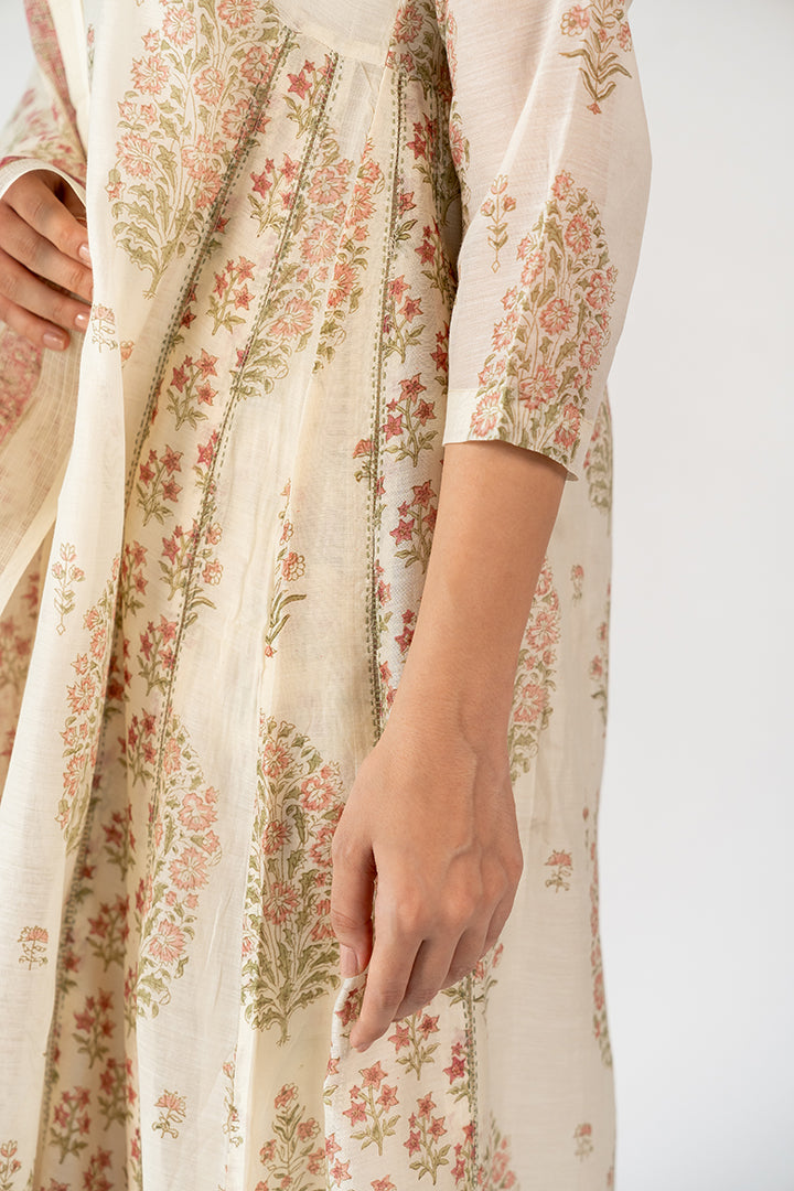 Chanderi Hand Block Printed Kurta- White