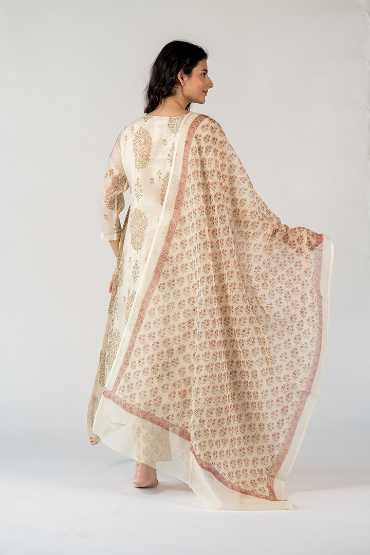 Cotton Kota Doria Hand Block Printed Dupatta - White