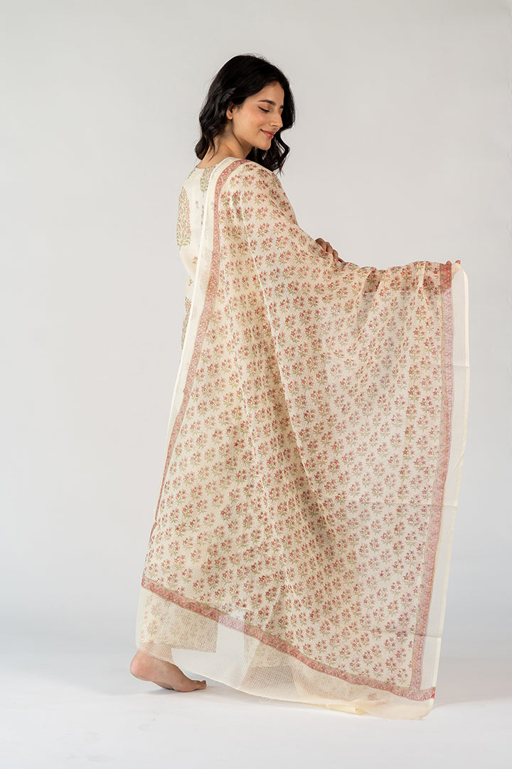 Cotton Kota Doria Hand Block Printed Dupatta - White