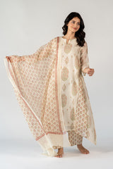 Chanderi Hand Block Printed Parallel - White
