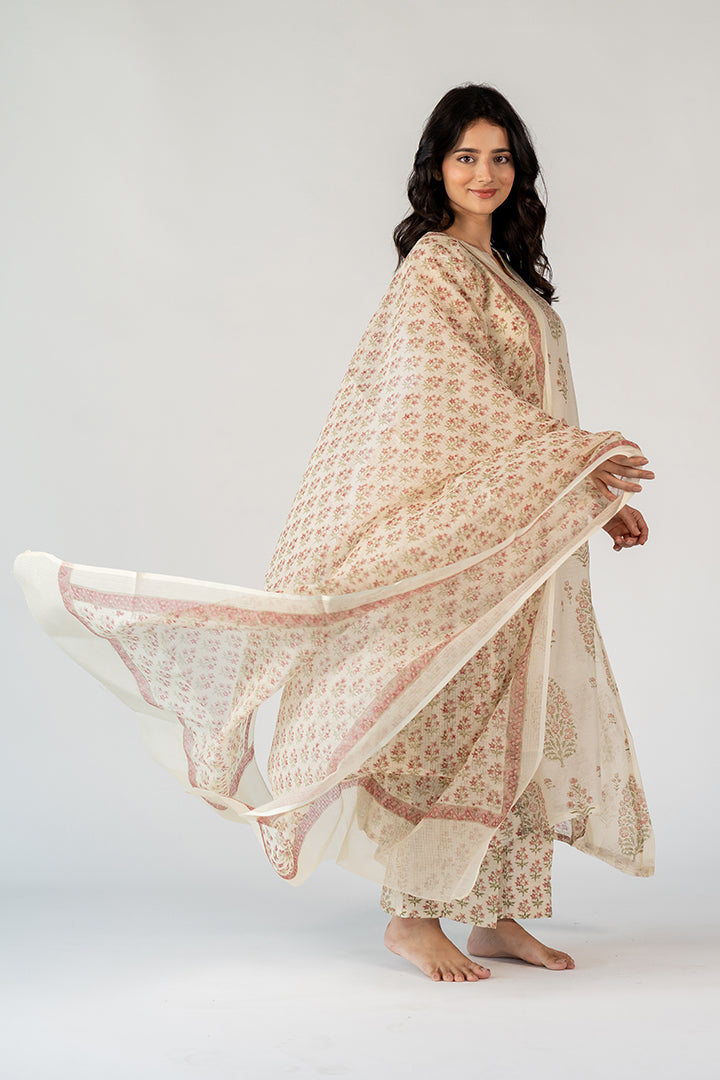 Cotton Kota Doria Hand Block Printed Dupatta - White