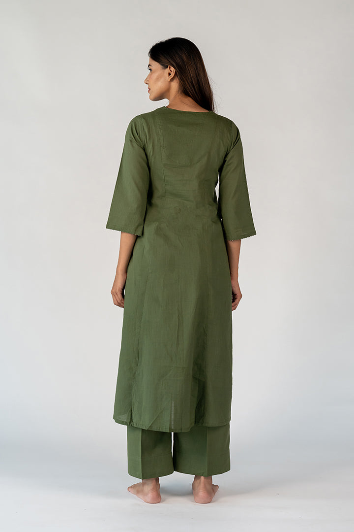 Cotton Hand Embroidered Kurta - Green