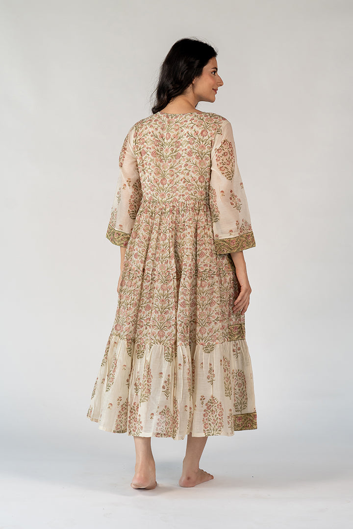 Chanderi Hand Block Printed Dress - White