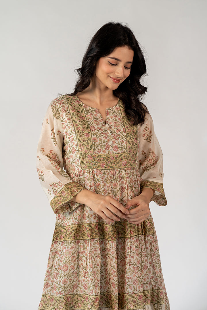 Chanderi Hand Block Printed Dress - White