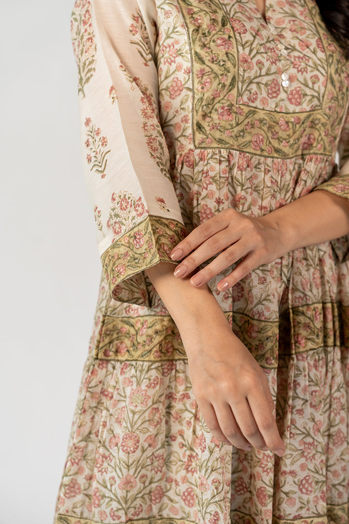 Chanderi Hand Block Printed Dress - White